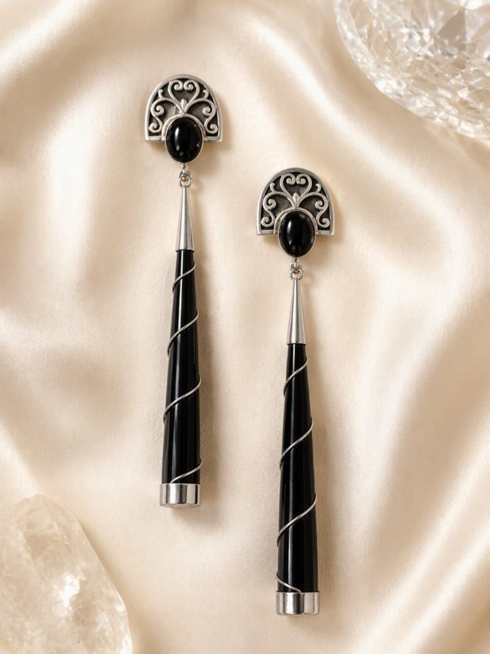 VTG 80s TASO 925 Sterling Silver Black Onyx Lucite Art Deco Dangle Earrings 5” - Picture 5 of 6